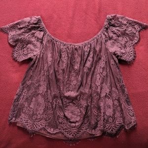 American Eagle Outfitters Burgundy Lace Off-the-Shoulder Top